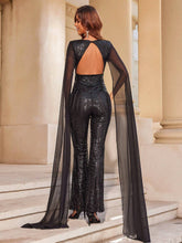 ADYCE Glitter V-Neck Double-Shoulder Long Ribbon Evening Party Jumpsuit